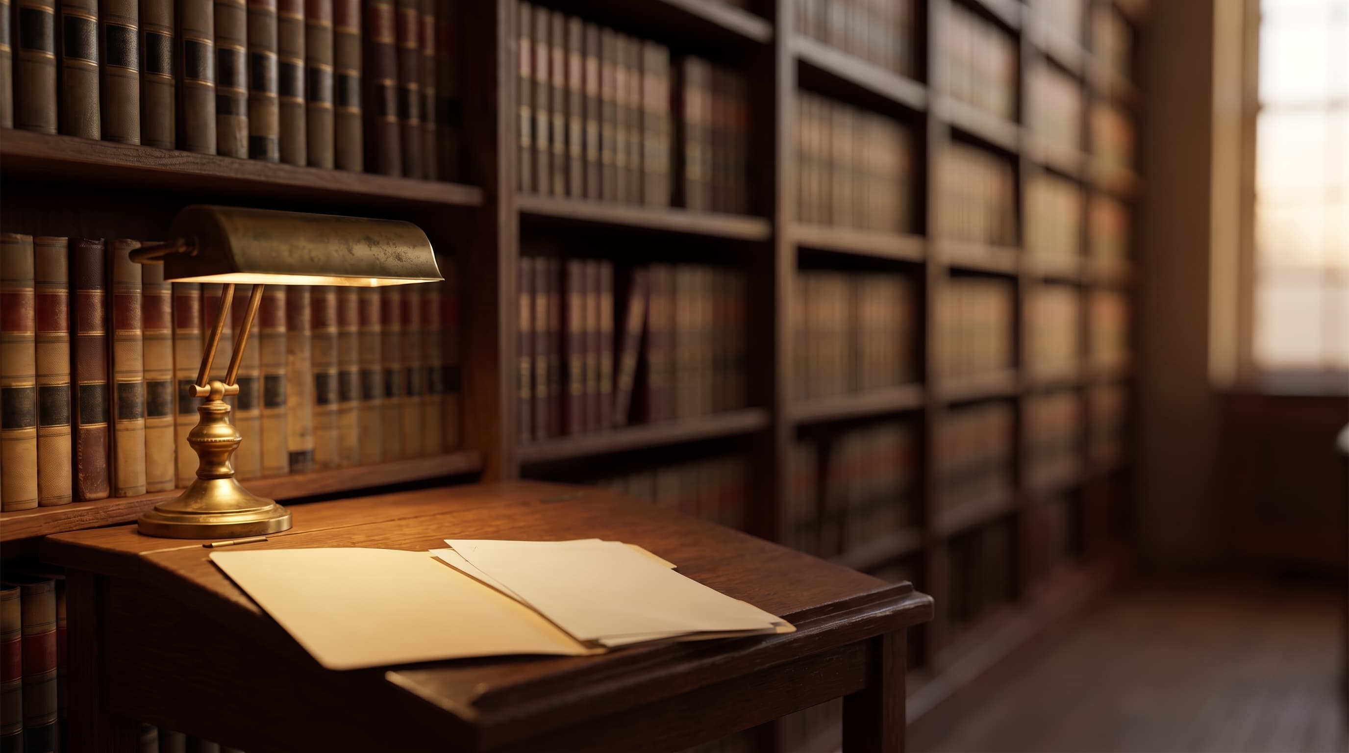 A brass desk lamp glows over an open folder of blurred pages on an oak desk, with shelves of gold-spined law books softly out of focus behind.