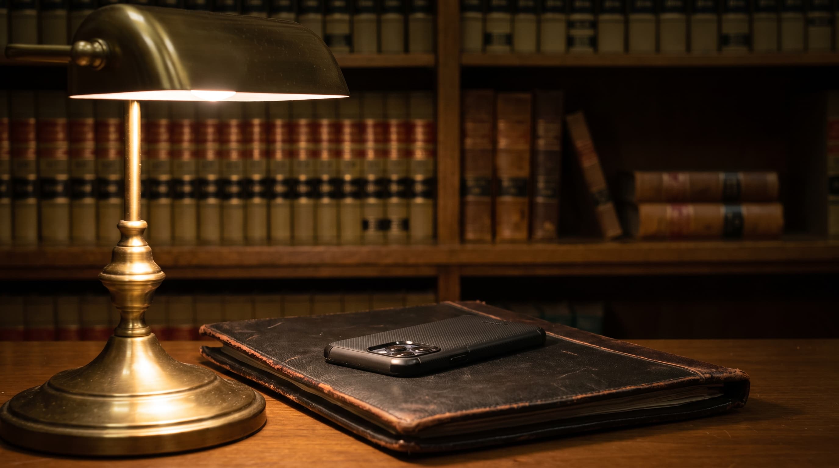 A smartphone rests face down on a leather folder beside a lit brass desk lamp, with blurred law book spines in the background.