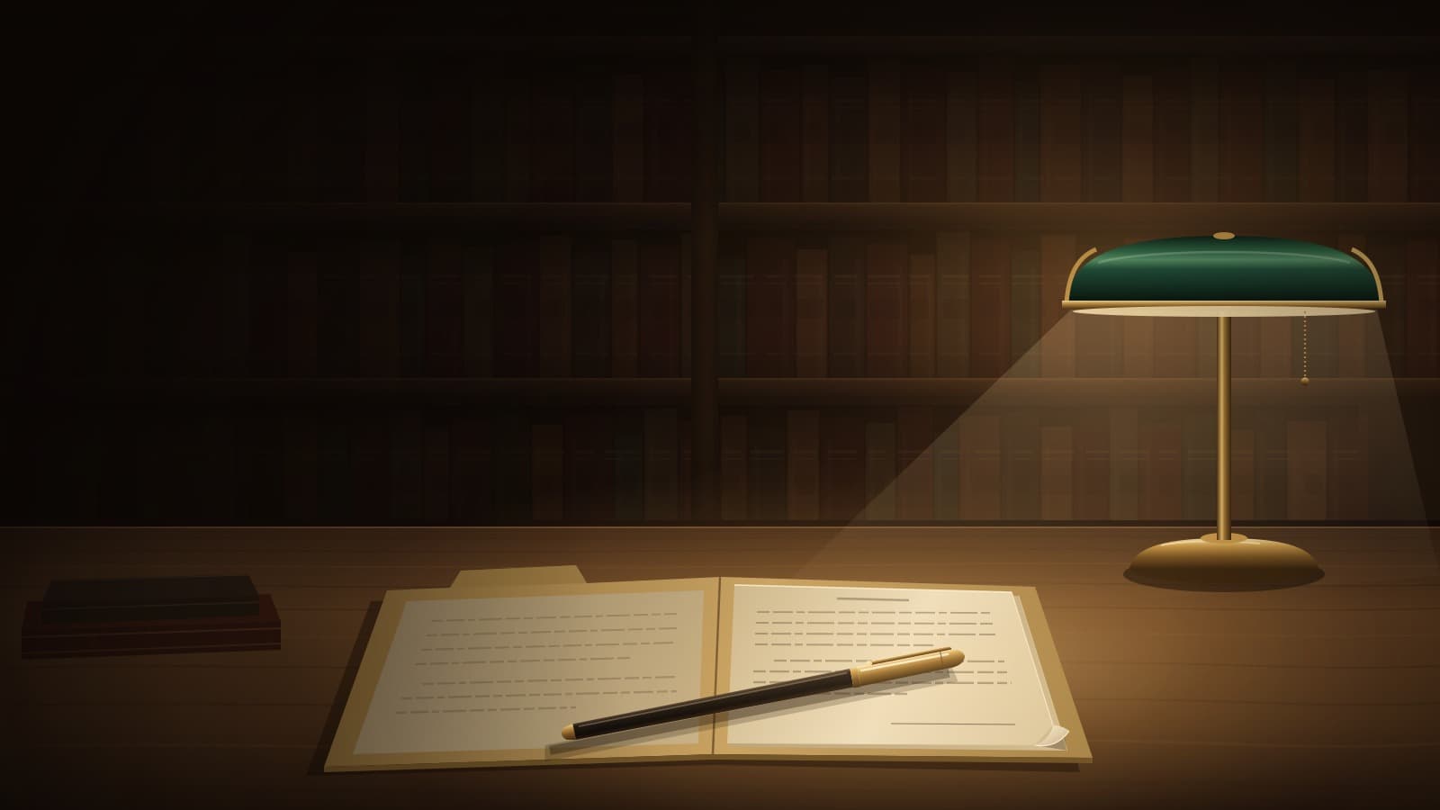 A brass-capped pen rests across an open folder of unreadable typed pages on an oak library table, lit by a green-shaded brass lamp, with rows of leather law books blurred in the dark behind.