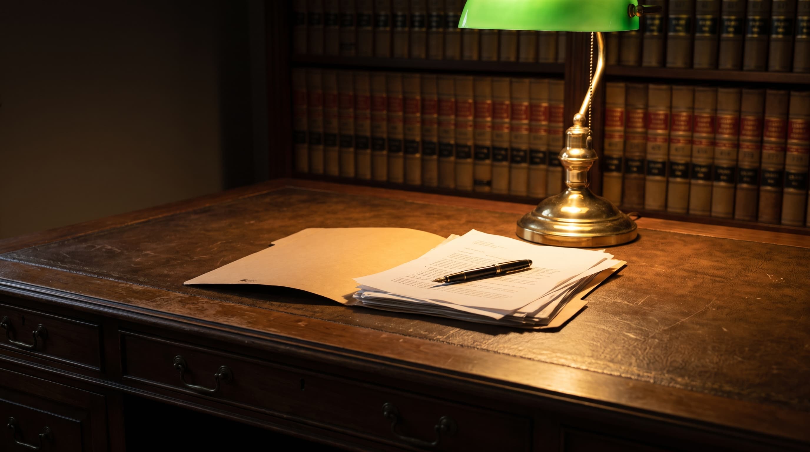 A dim law office desk holds an open folder of blank pages under a brass lamp, with rows of blurred book spines behind it.