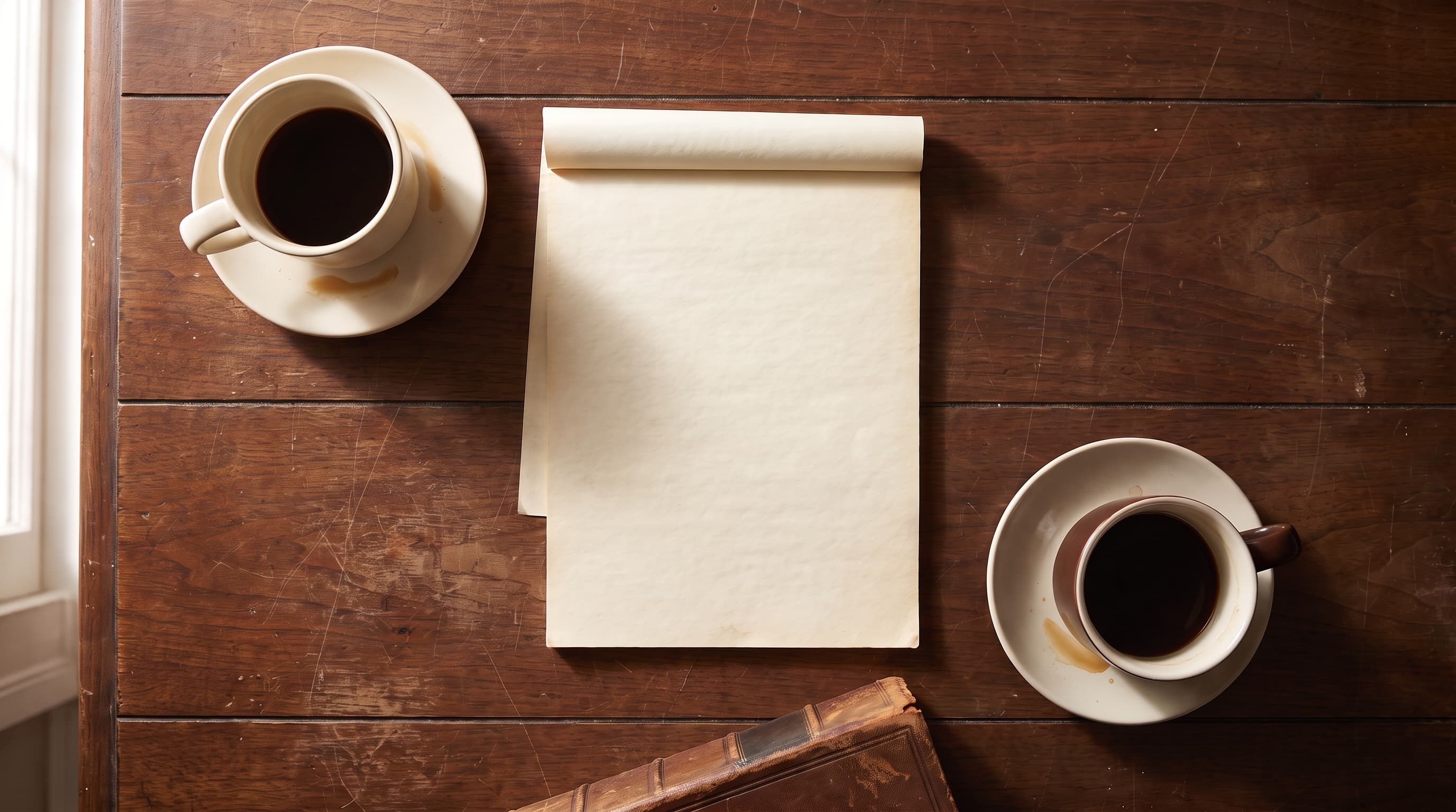 Two coffee cups and a blank legal pad arranged on a dark wood desk, seen from directly above in soft natural light.
