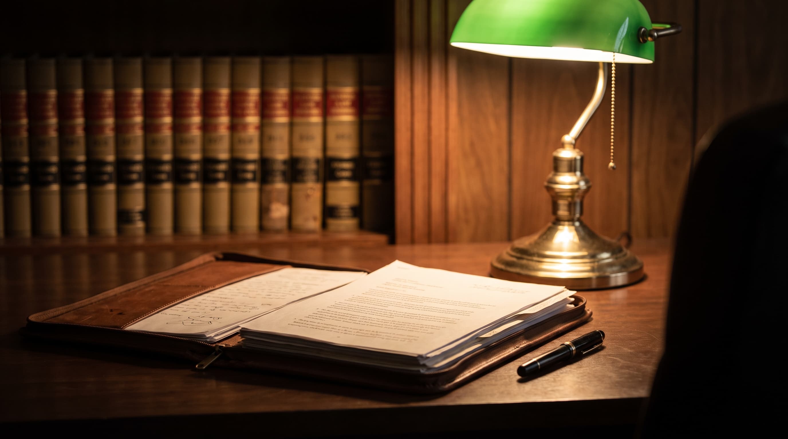 An open case folder with illegible pages sits under warm desk lamp light on a dark wood desk, with blurred law book spines on shelves behind it.