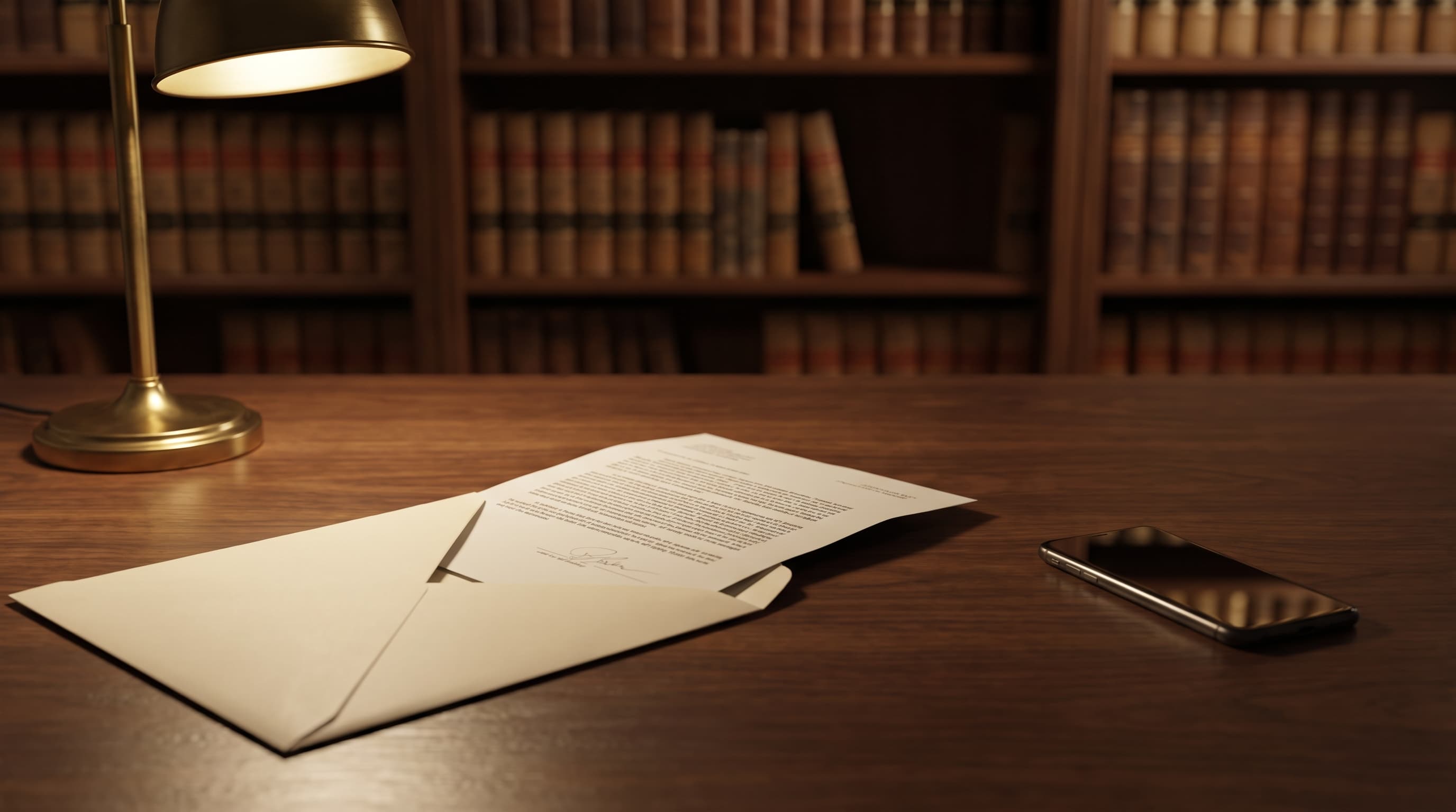 A slit-open cream envelope with a folded court notice half pulled out sits on a dark wooden desk beside a face-down smartphone, lit by a brass lamp with blurred law books behind.