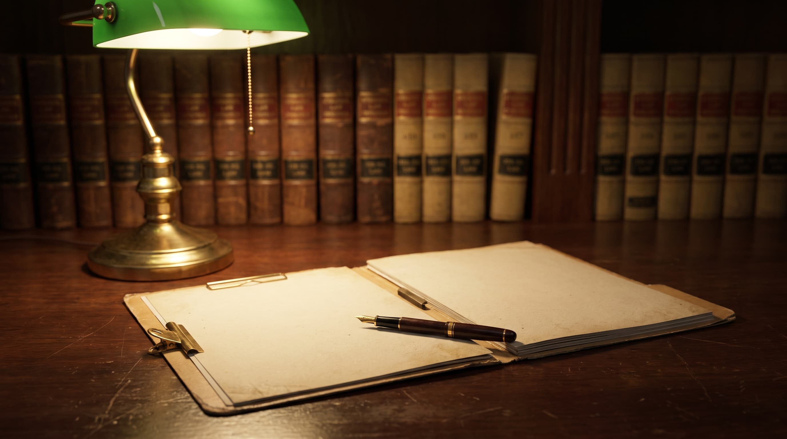 An open, blank case folder and a closed fountain pen lit by a desk lamp on a dark wood desk, with rows of blurred gold-spined law books in the background.