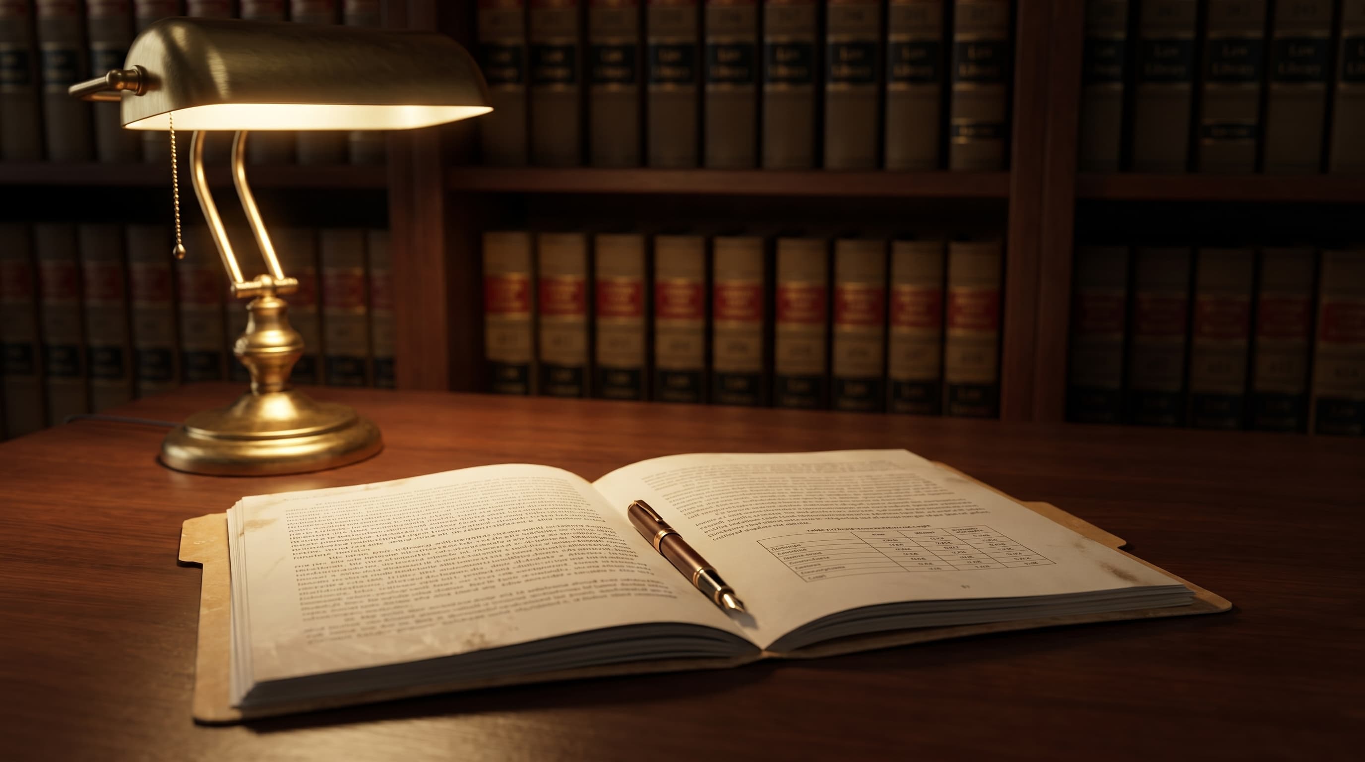 An open case folder catches lamp light on a dark wood desk, with blurred book spines rising in the background.