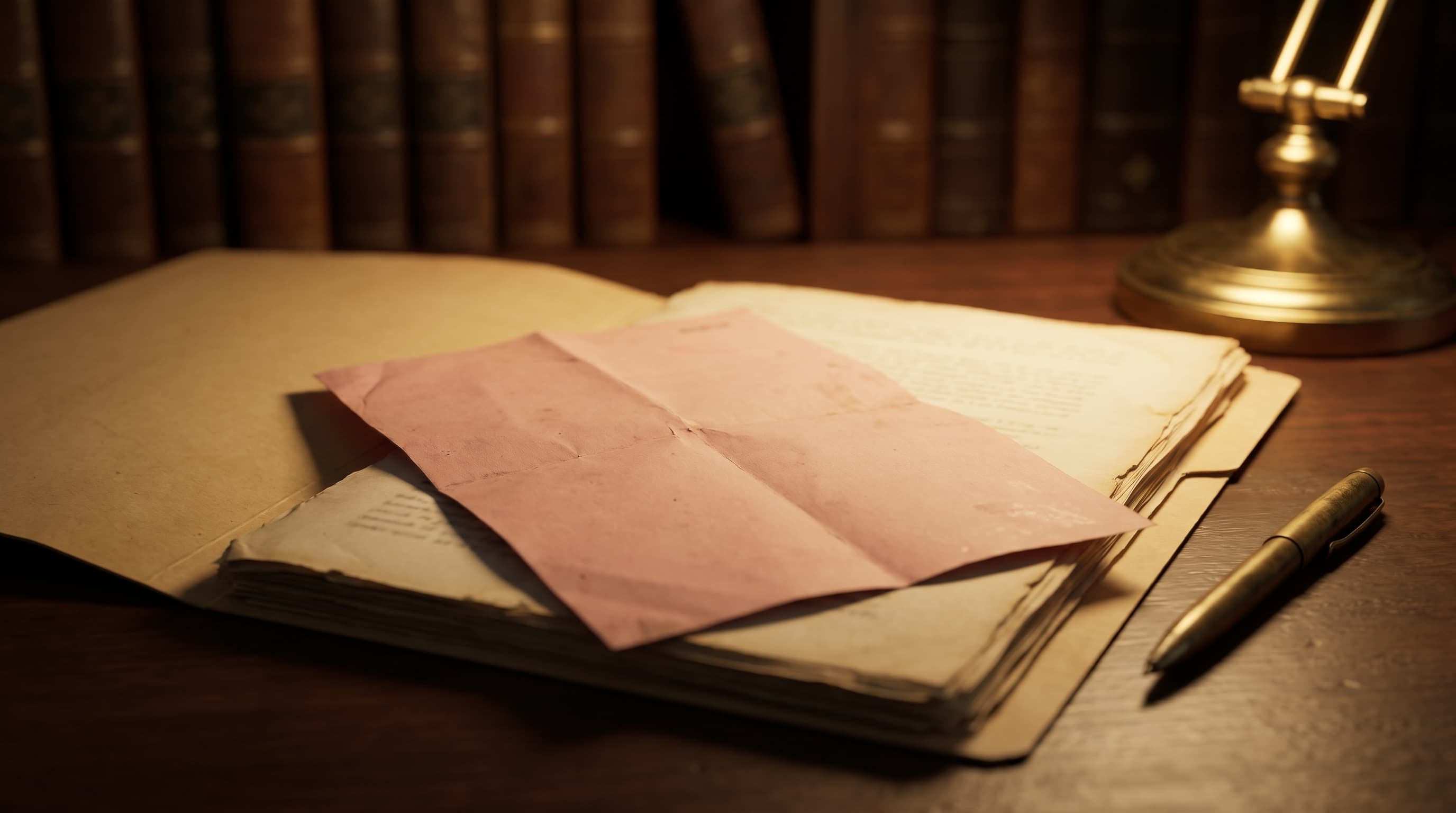 A folded pink notice rests on an open folder of papers on a dark wooden library table, lit by a brass lamp with blurred book spines behind.