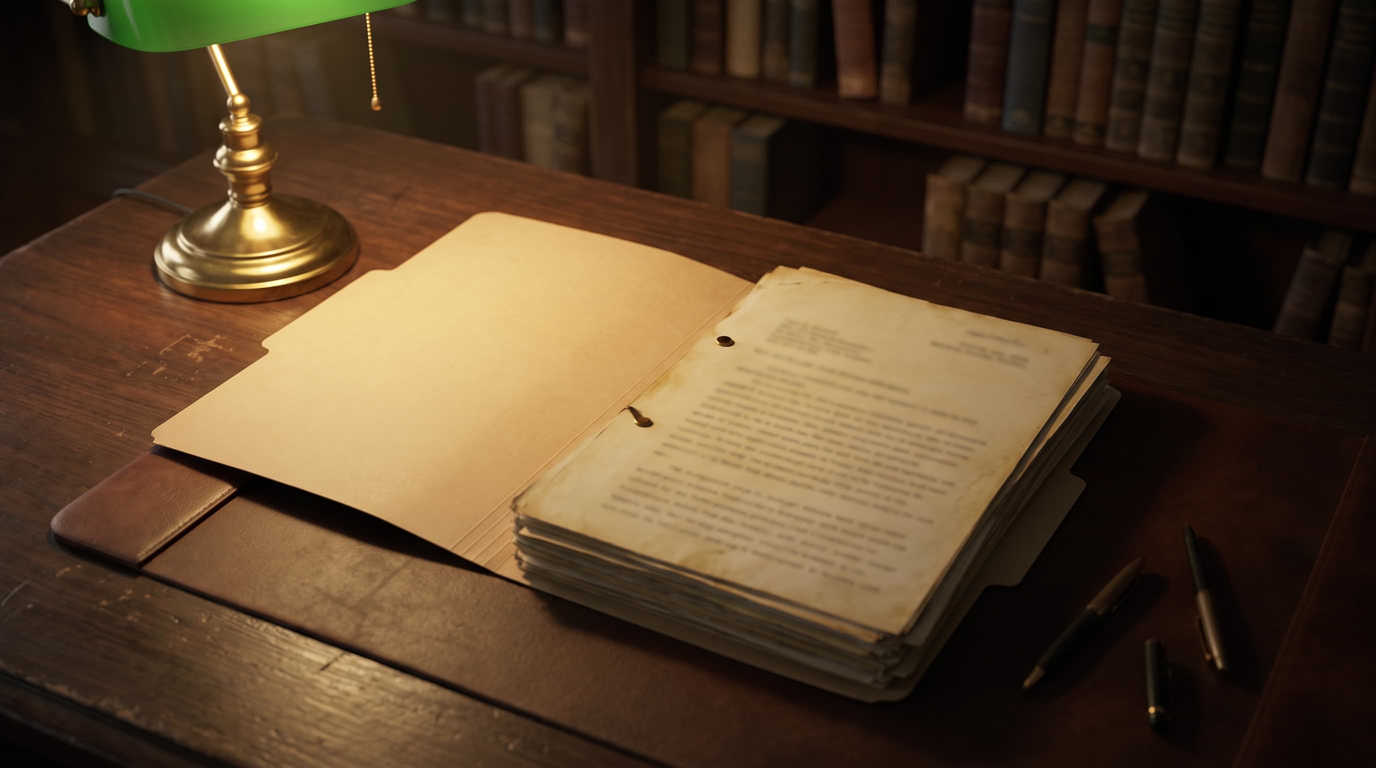 An open folder of aged, illegible court papers lit by a brass desk lamp on a dark wood-paneled desk, with blurred book spines in the background.