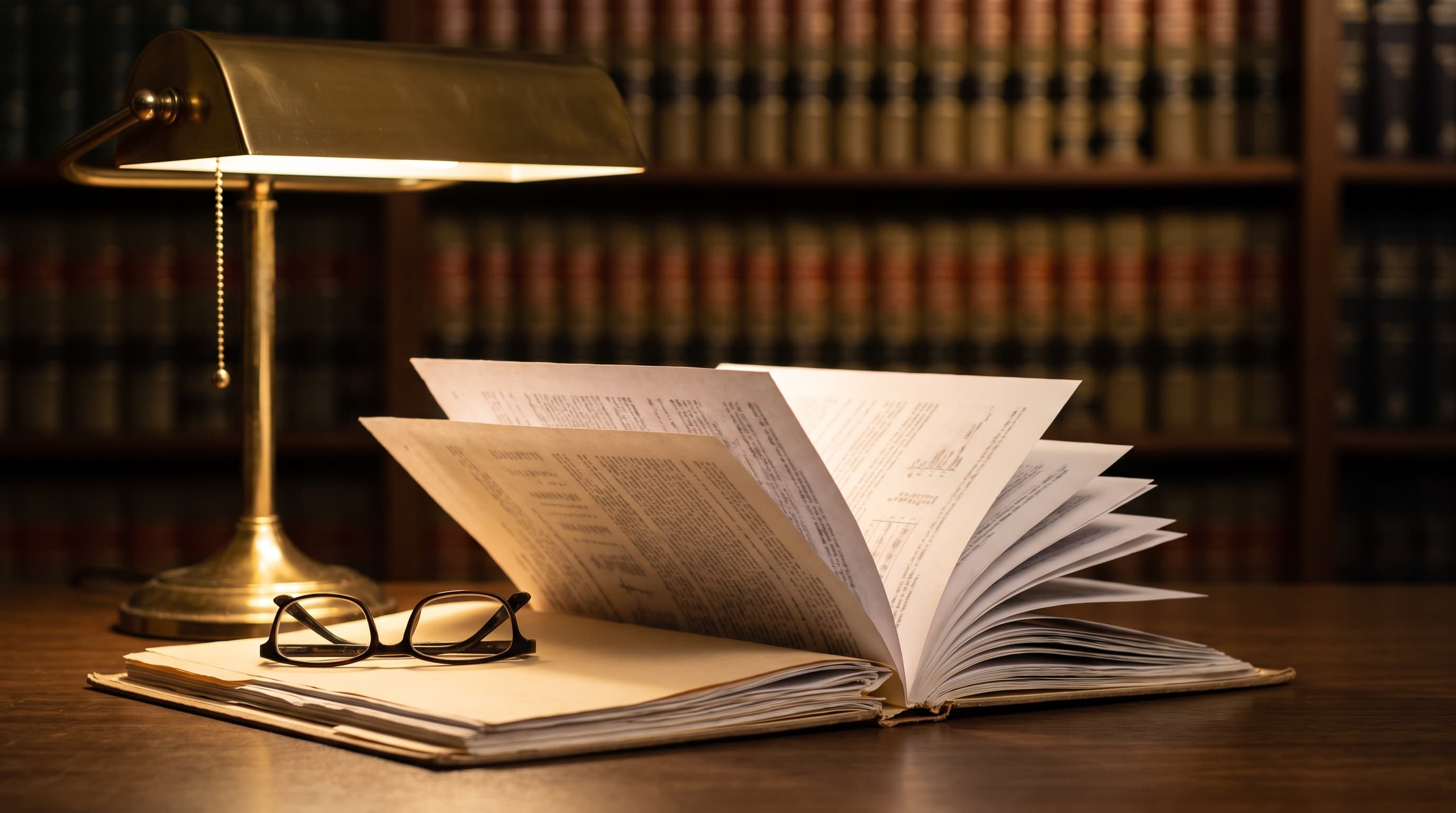 An open manila folder of loose papers under a brass desk lamp on a dark wooden library table, with reading glasses beside it and bookshelves blurred in the background.