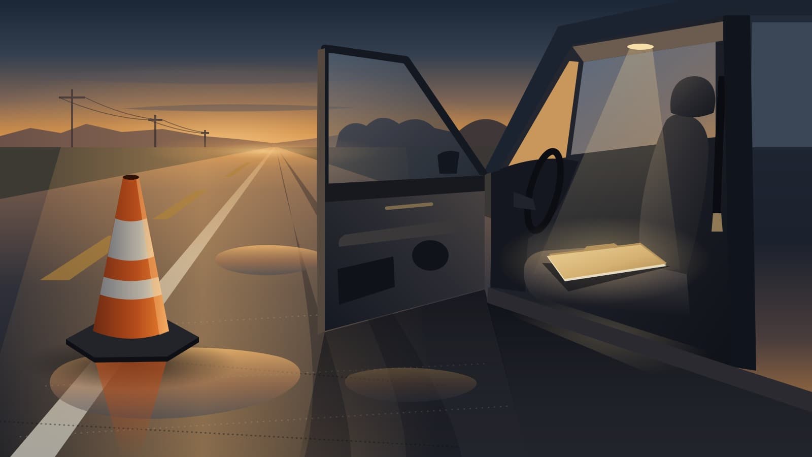 A traffic cone stands on wet roadside asphalt at dusk beside an empty parked sedan with its door open, a closed manila folder on the driver's seat.