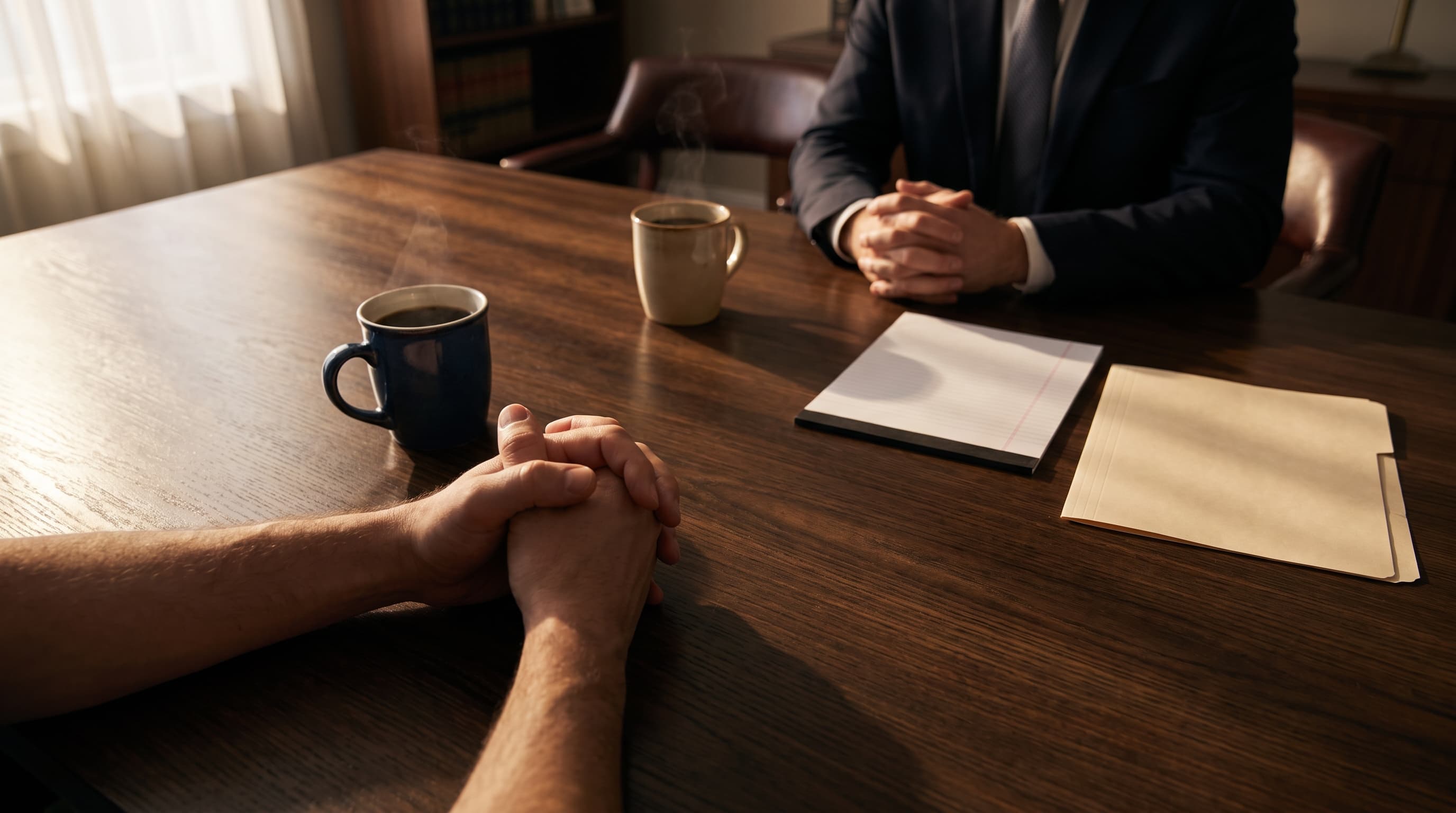 A blank legal pad and manila folder sit on a dark wood table between two cooling coffee cups, with a client's and a lawyer's hands resting nearby.