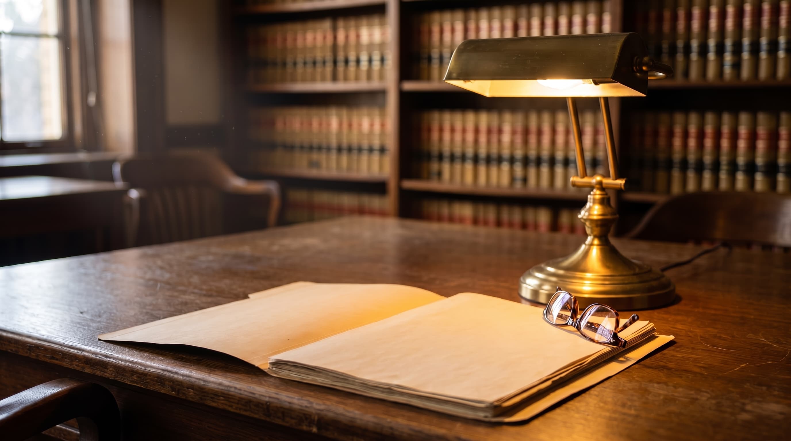 An open case folder with blurred pages on a wooden library table beside a glowing brass lamp, with shelves of law books softly out of focus behind.