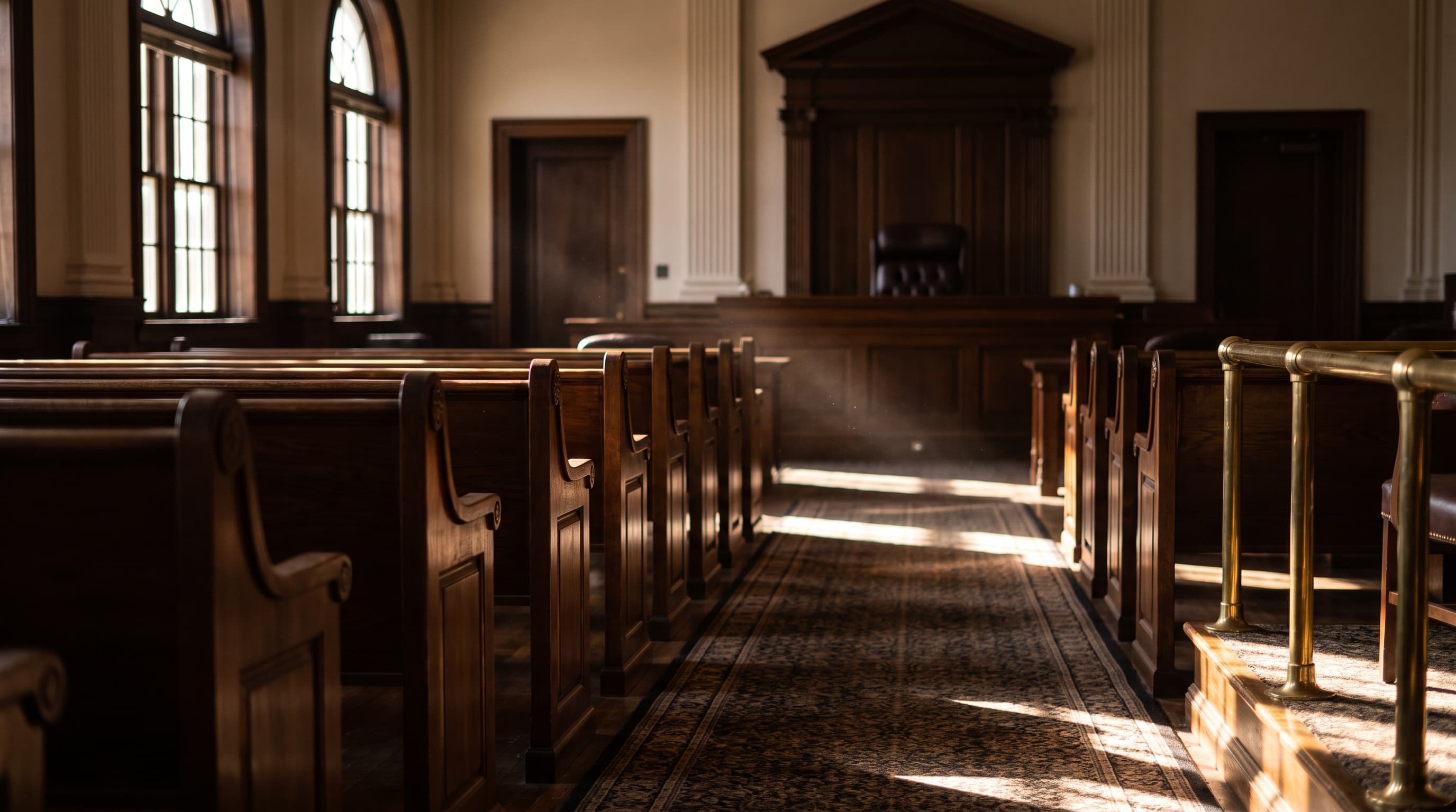 Empty wood-paneled courtroom benches receding toward a raised judge's bench, lit by a shaft of afternoon window light.