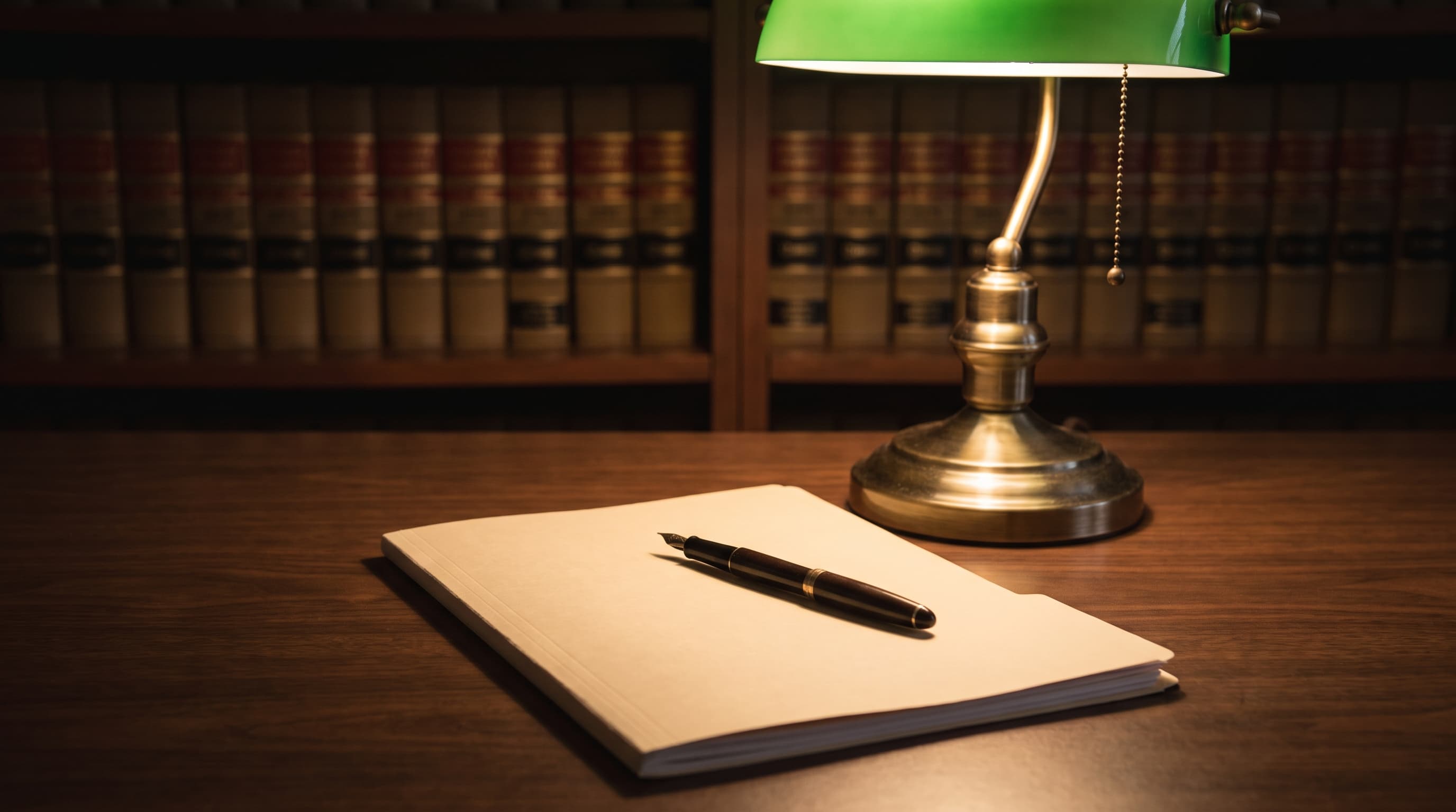 A closed legal document under the warm glow of a desk lamp, a pen resting on top, with blurred book spines in the background.