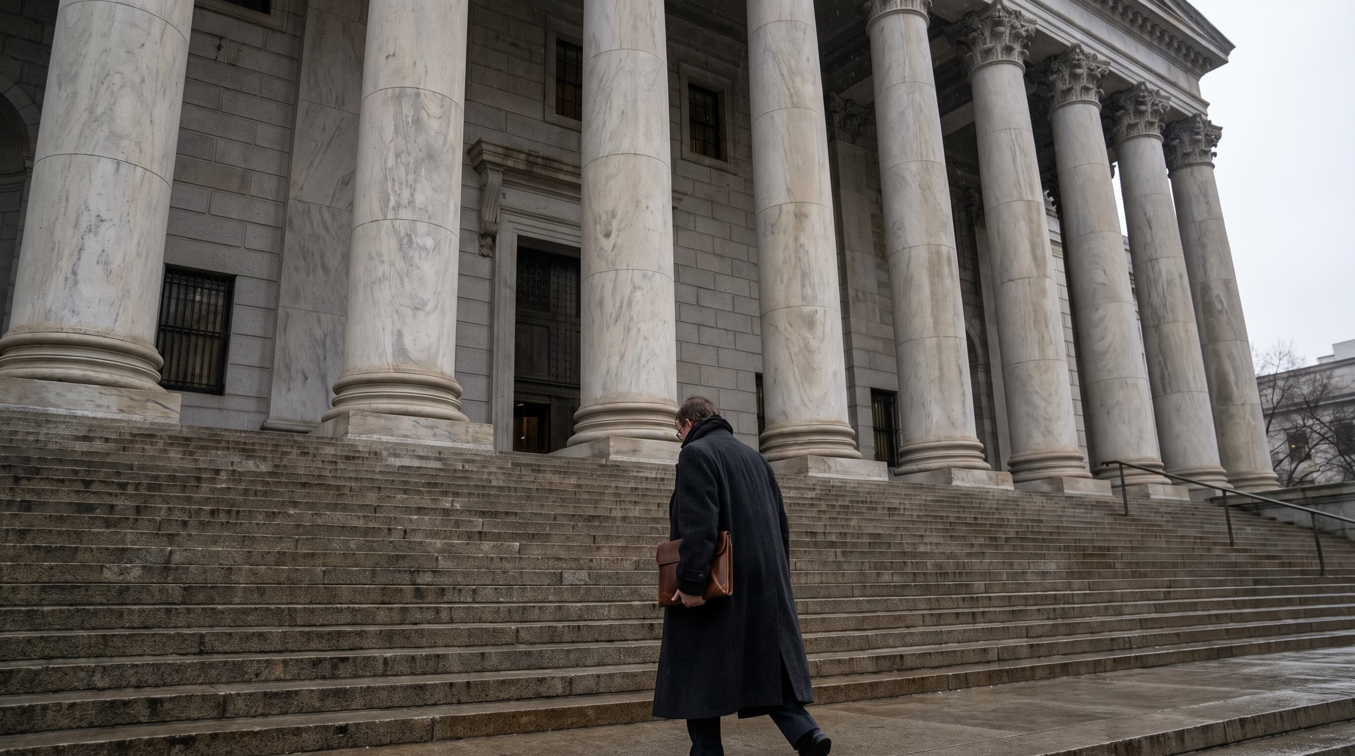 A small figure in a dark overcoat climbs wide stone courthouse steps beneath tall marble columns under flat gray morning light.