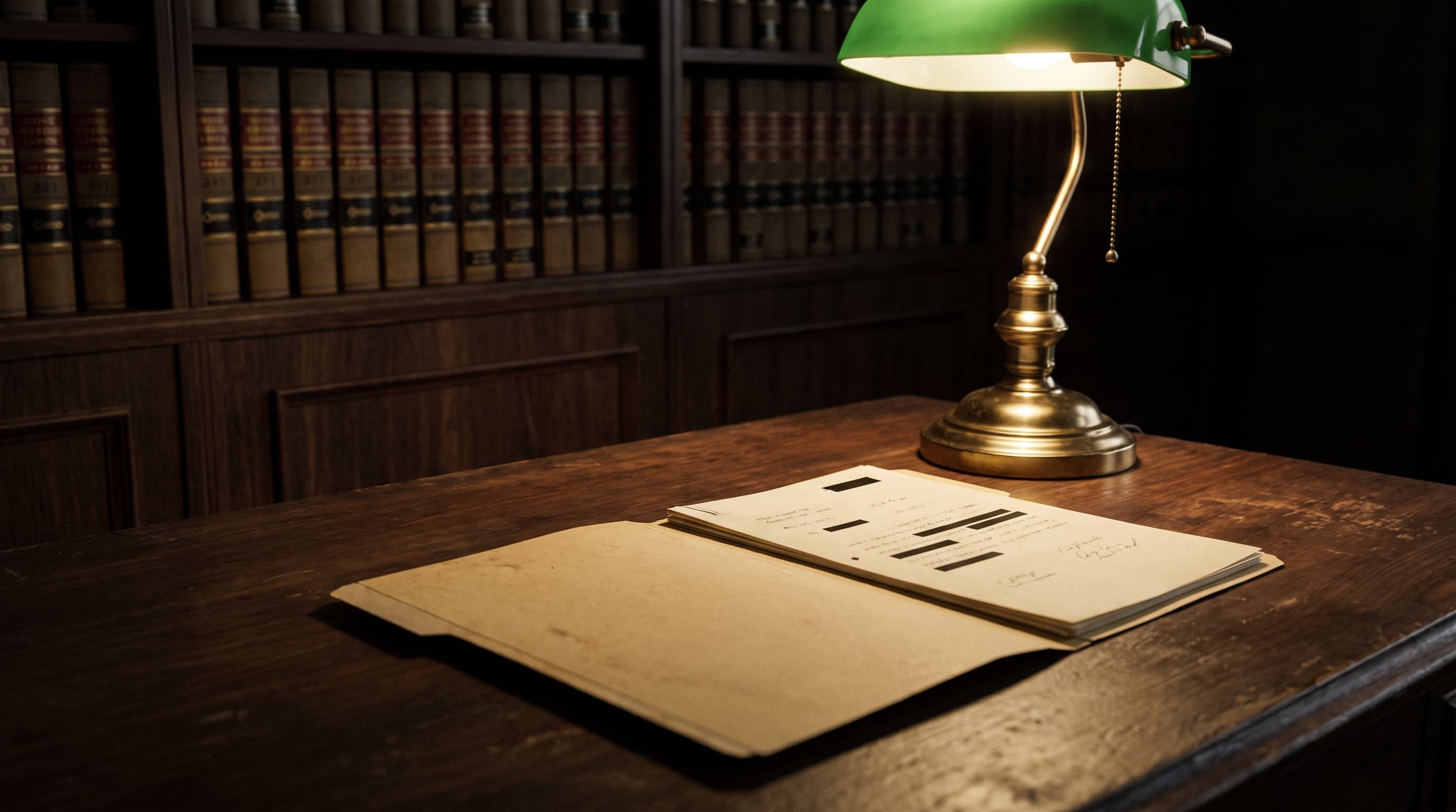 An open case folder lit by a brass desk lamp on a dark wood desk, with rows of blurred book spines in the background.