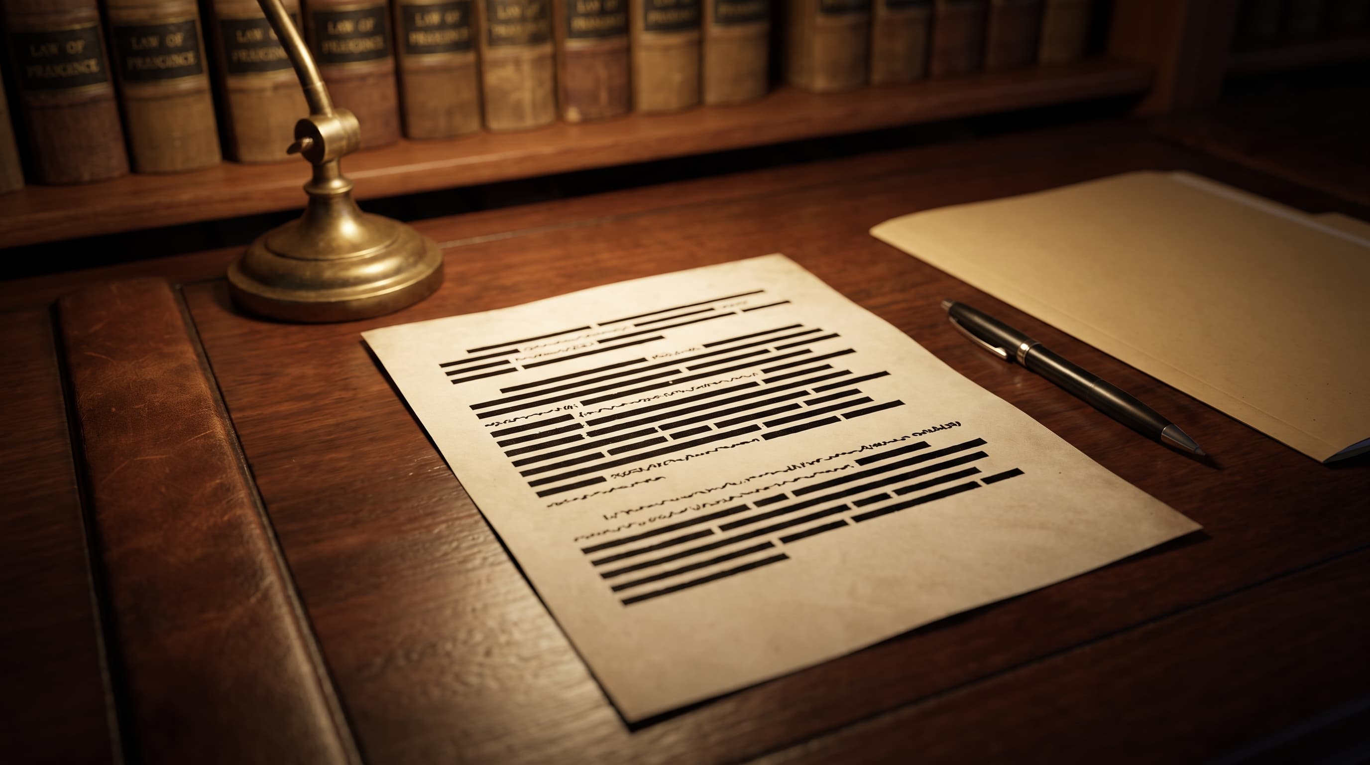 A printed legal order and a pen lit by a desk lamp on a dark wood desk, with blurred law book spines in the background.
