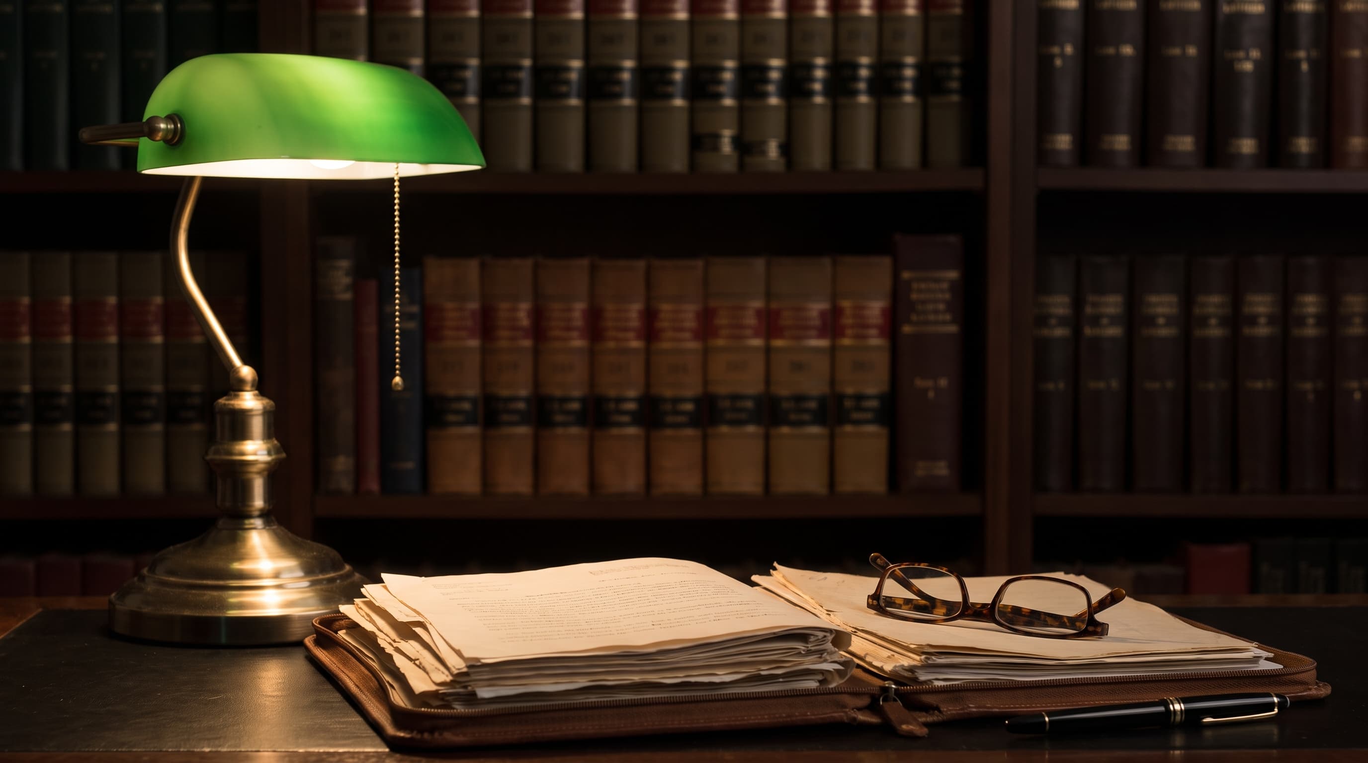 A single desk lamp illuminates an open folder on a dark wood desk, with rows of blurred book spines lining the wall behind in warm, quiet light.