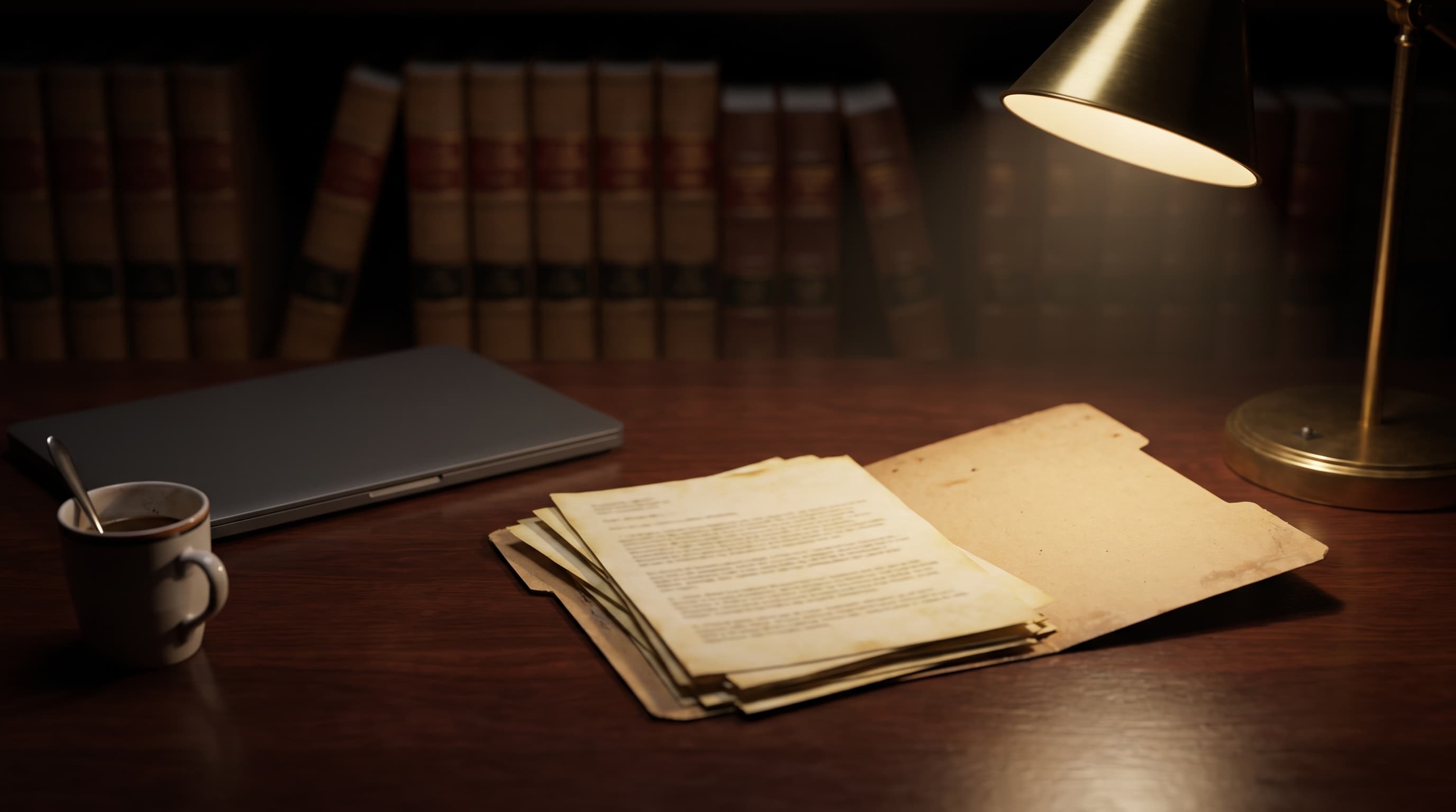 An open case folder with blurred pages on a dark wood desk, lit by a warm desk lamp with rows of law book spines fading into soft focus behind it