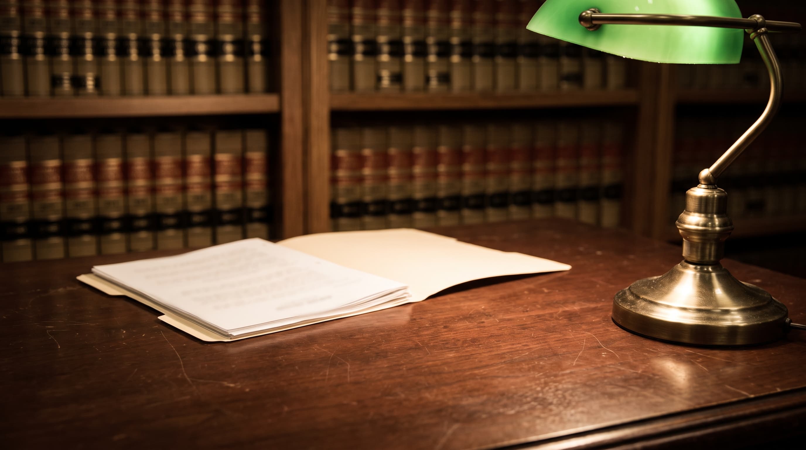 A dark wood desk with an open, blank-paged folder lit by a brass lamp, rows of law book spines blurred in the background.