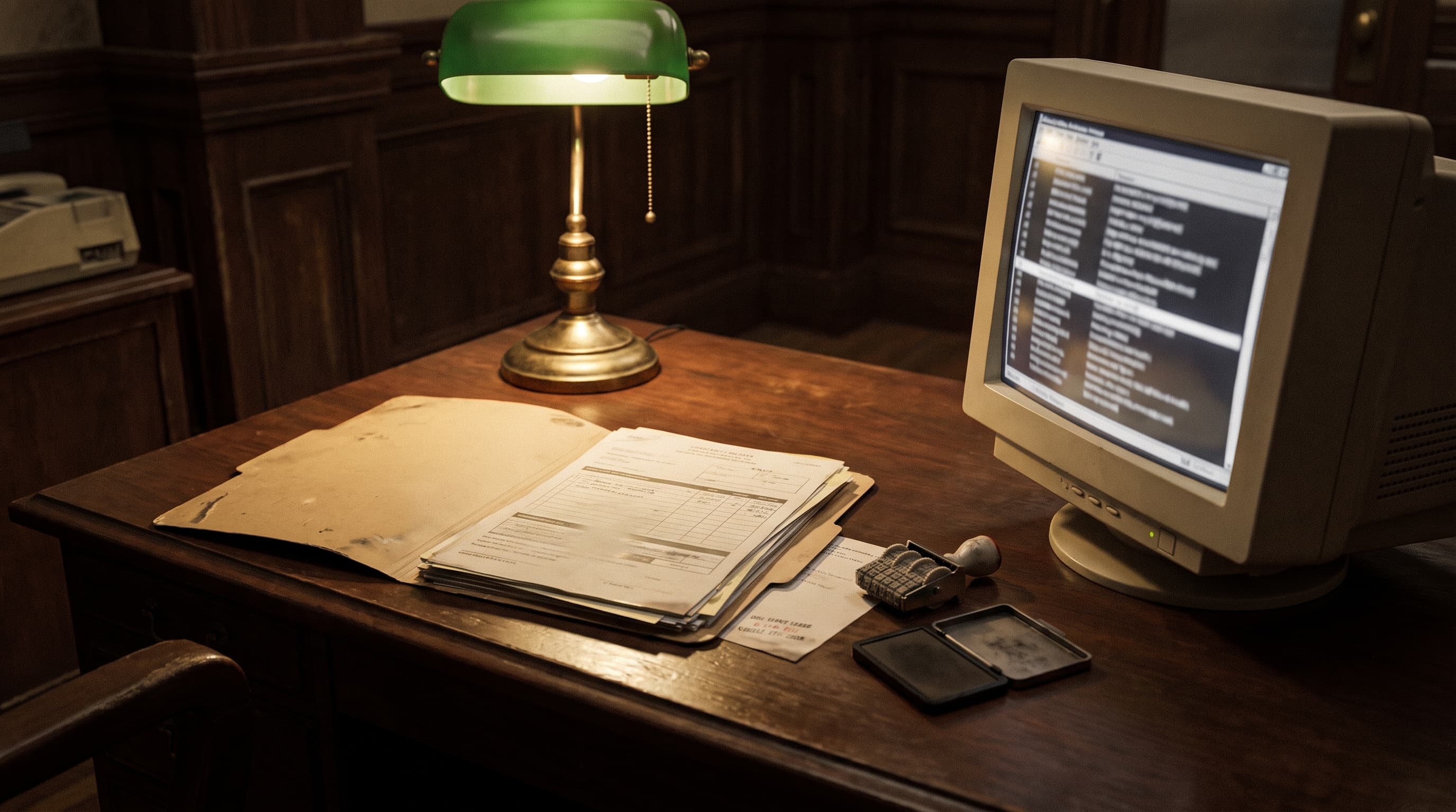 An open case folder under a desk lamp beside a blurred computer screen showing a scrolling list, on a dark wood-paneled desk.