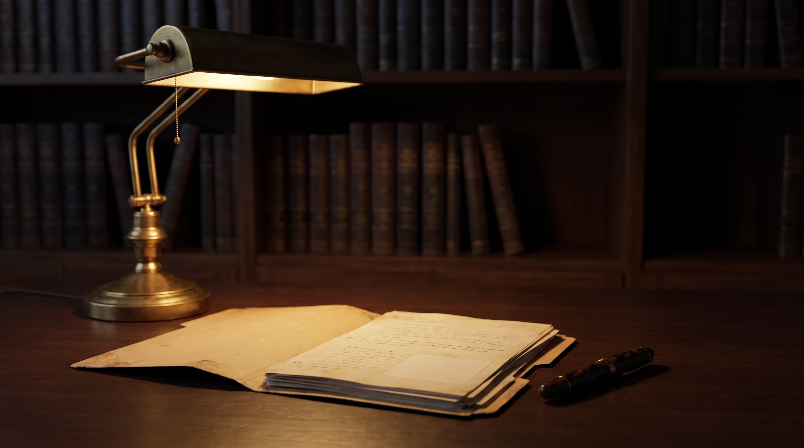 A dim office desk lit by a warm lamp, showing an open folder of blank pages and a closed pen, with blurred book spines in the background.